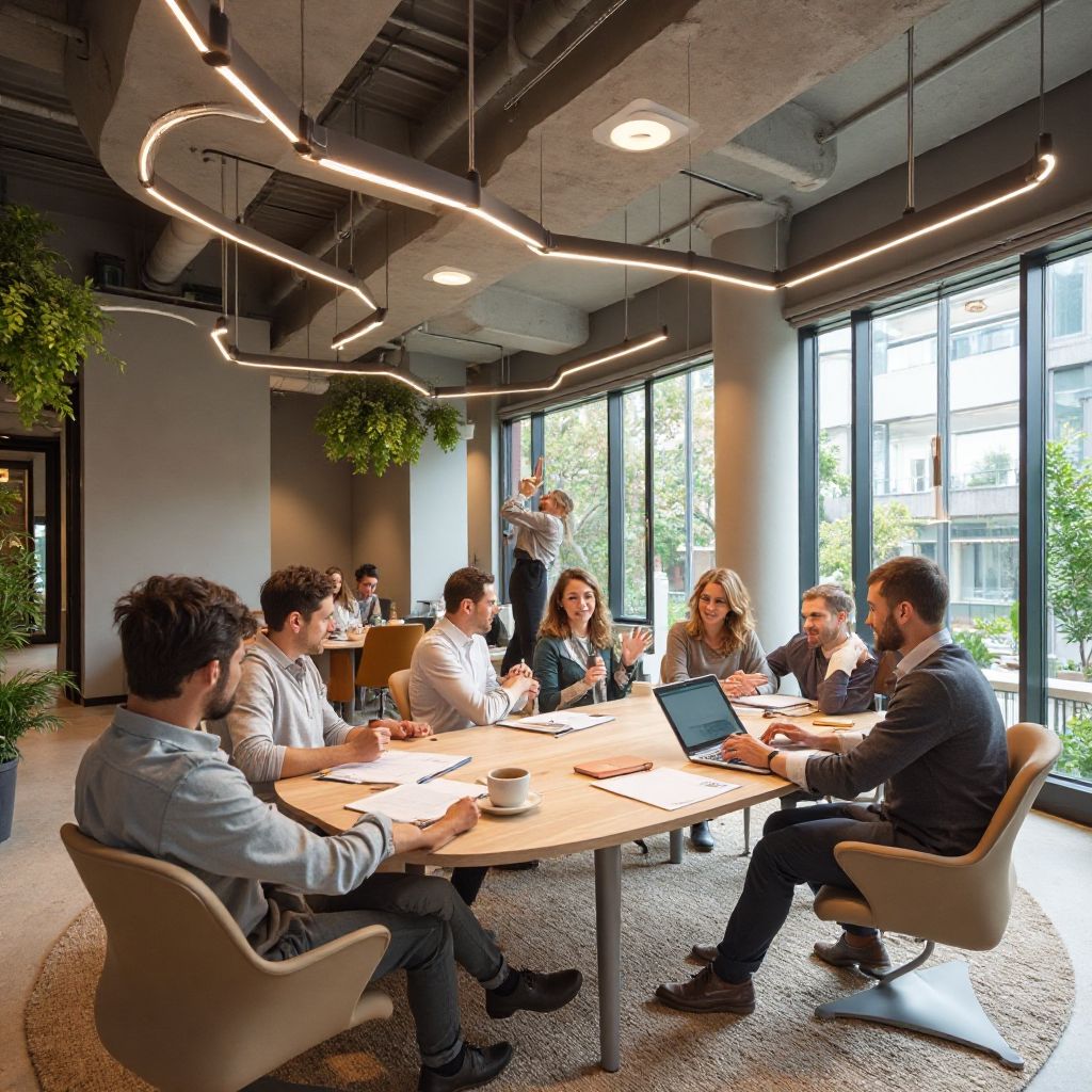 Team building activity in modern office space with flowing organic architecture